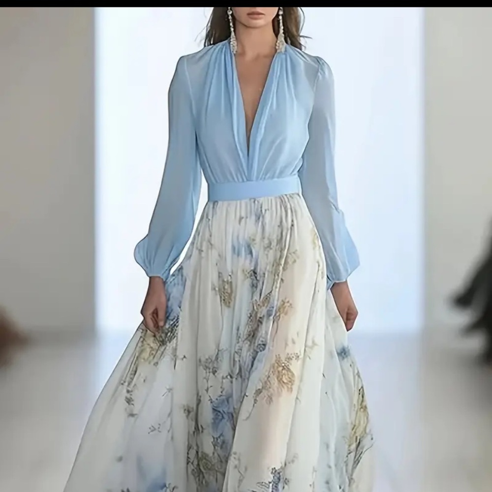 Flowy Light Blue and Floral Maxi Dress